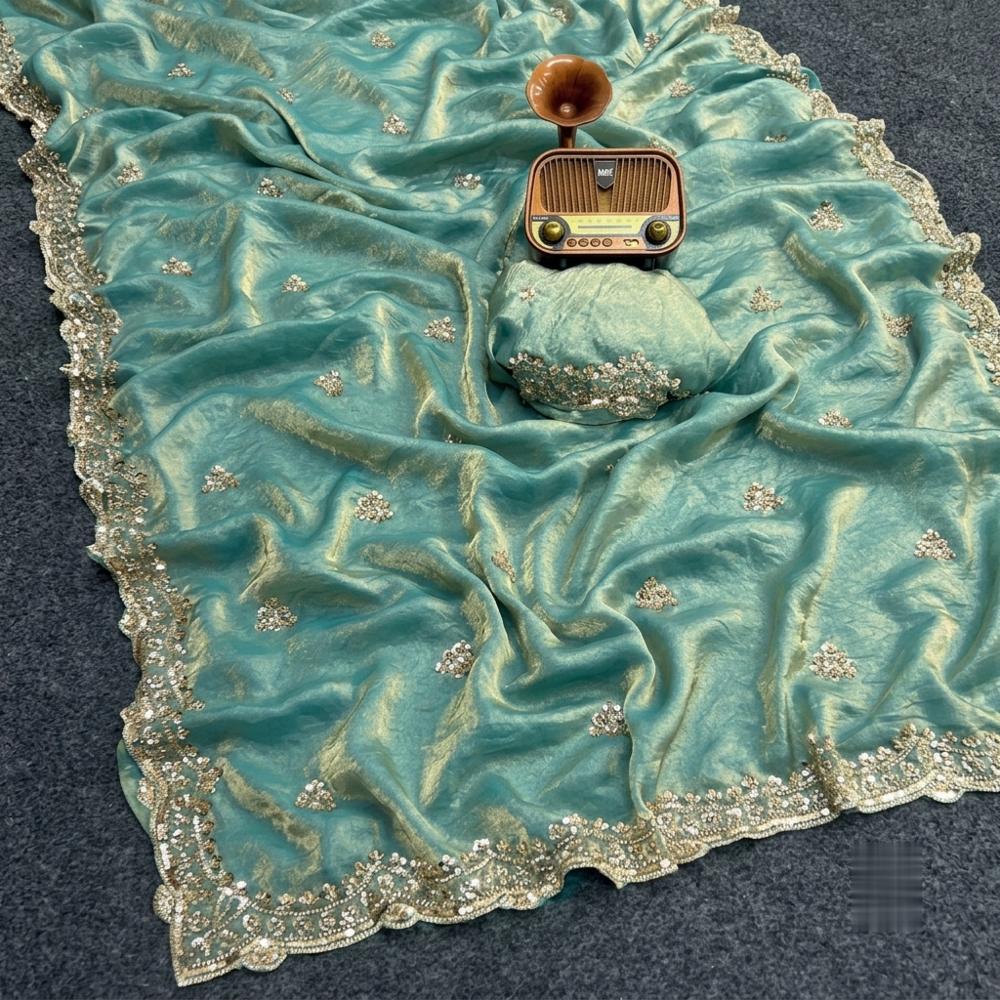 Party Wear Pure Space Silk Saree with Gold Beads Work and Fancy Blouse