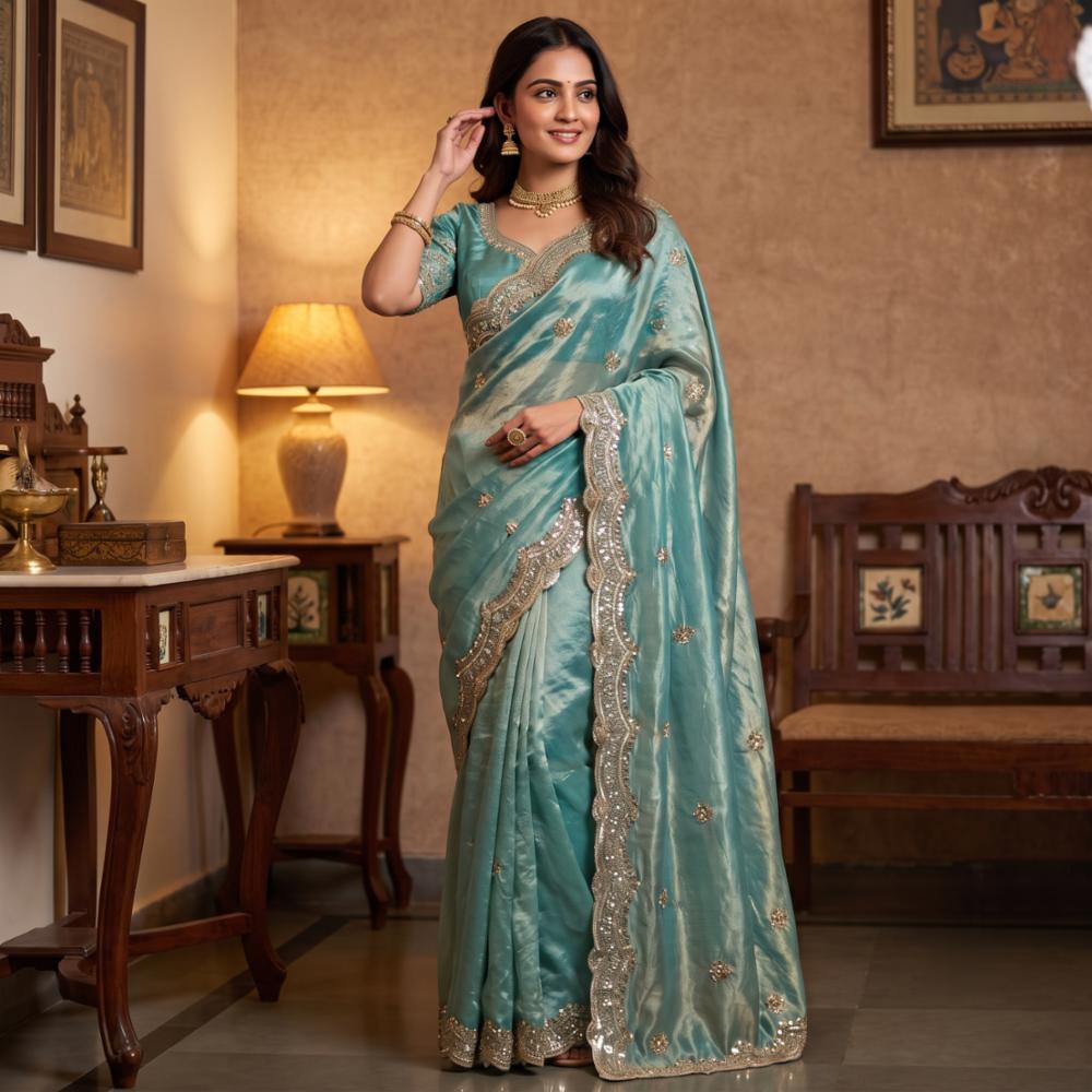 Premium Sea Green Space Silk Party Wear Saree with Original Gold Beadwork & Cutwork Border