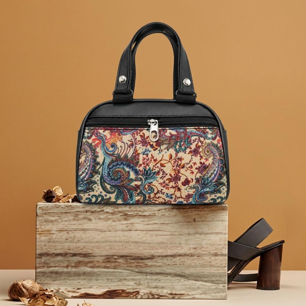 Womenâs Printed Handbag with Floral and Paisley Woven-Inspired Design, Black