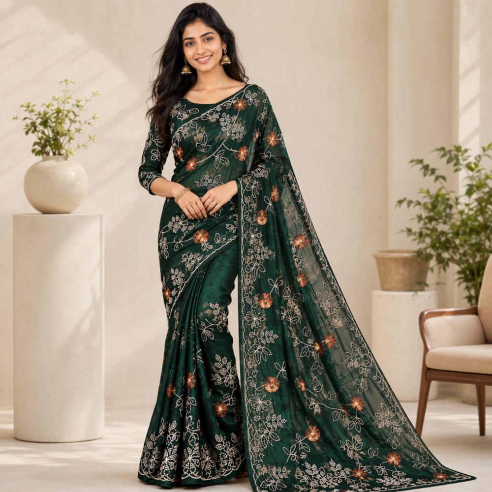 Dark Green Floral Embroidered Saree with Blouse