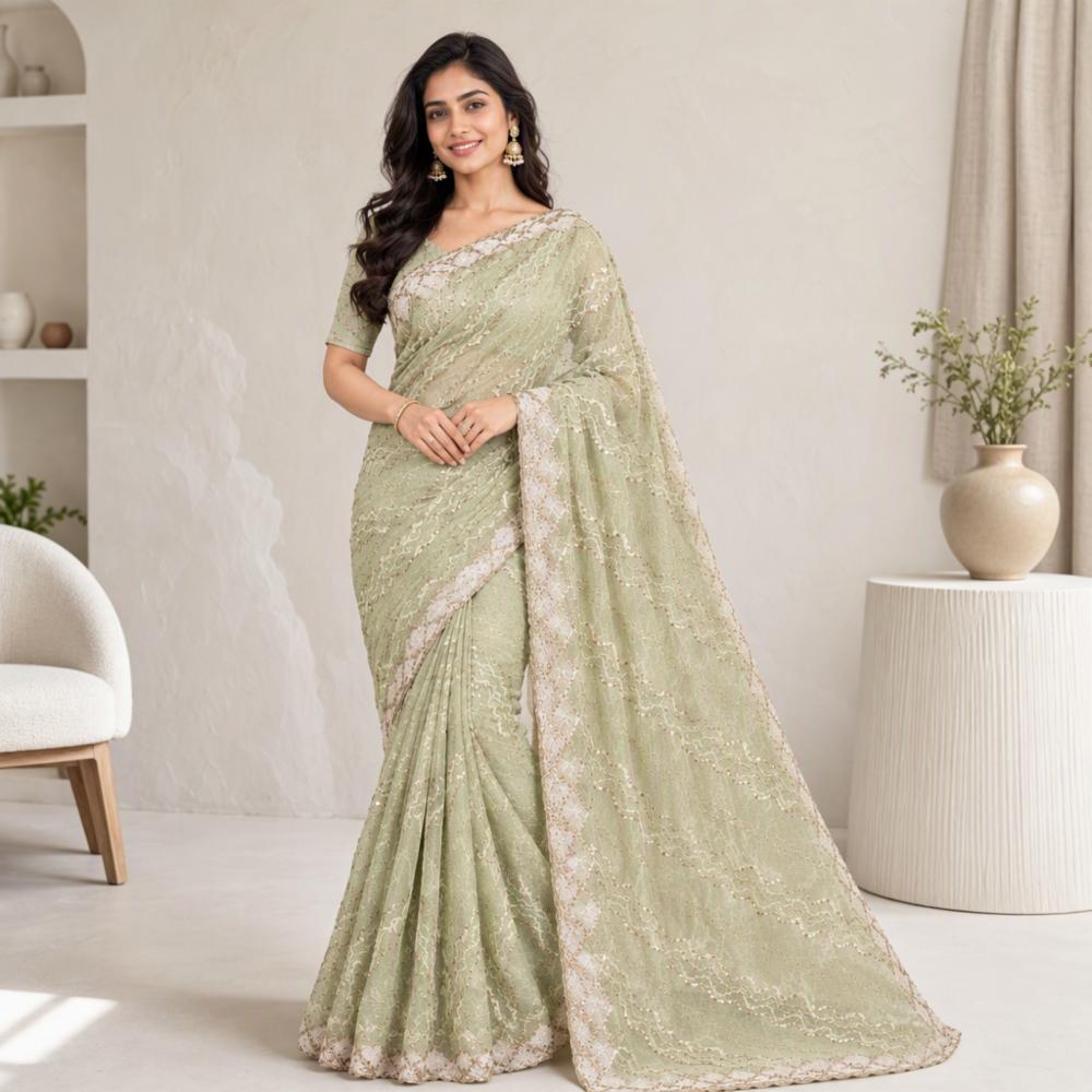 Sequin Saree with Wave Pattern and Embellished Border