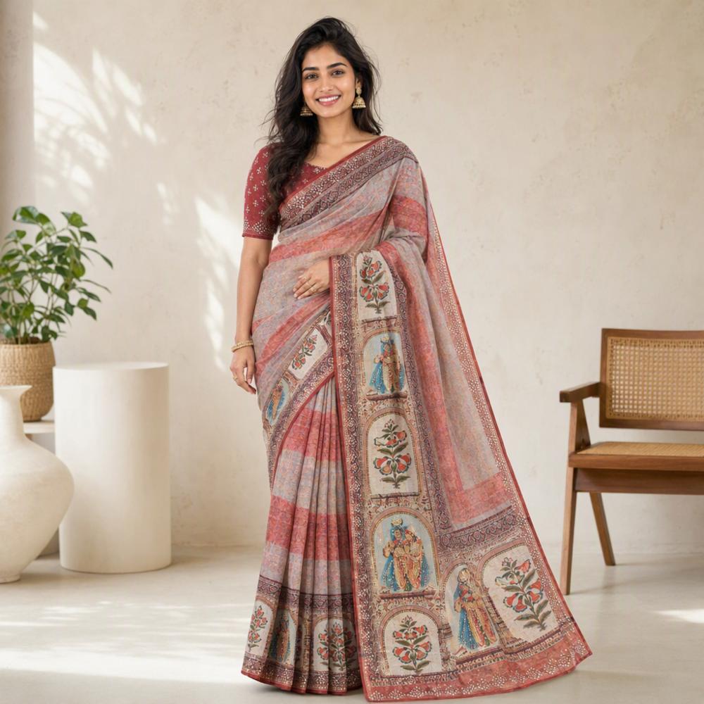 Maroon & Beige Printed Saree with Floral Border