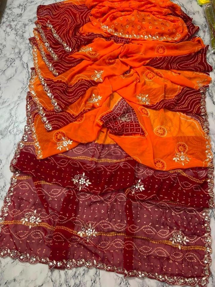 Red and Yellow Bandhej Synthetic Georgette Handwork Saree Karwa Chauth Special