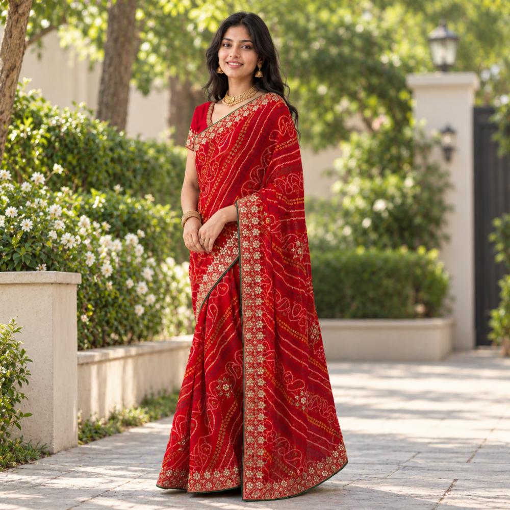 Red Synthetic Georgette Bandhej Saree with Handwork Border