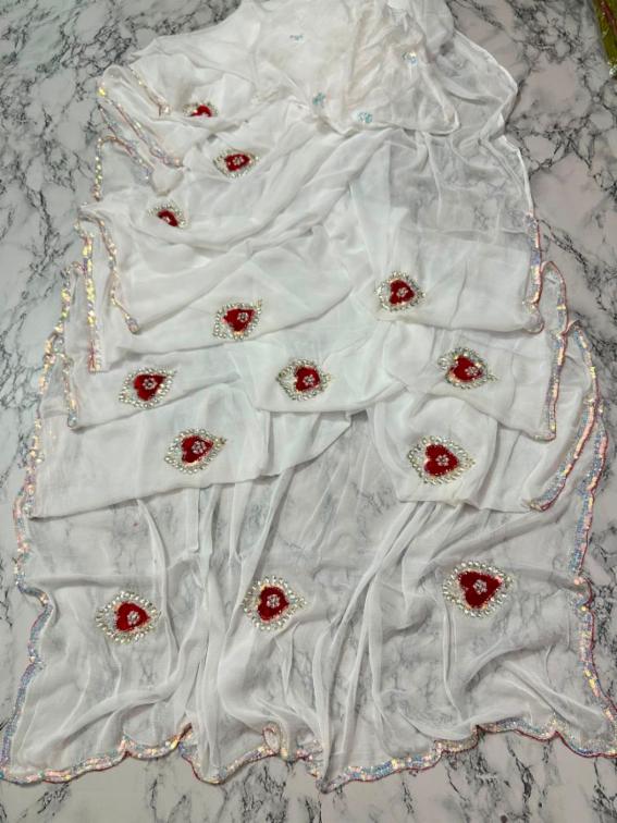 White Half Pure Shiffon Handwork Saree with White Motifs and Blouse