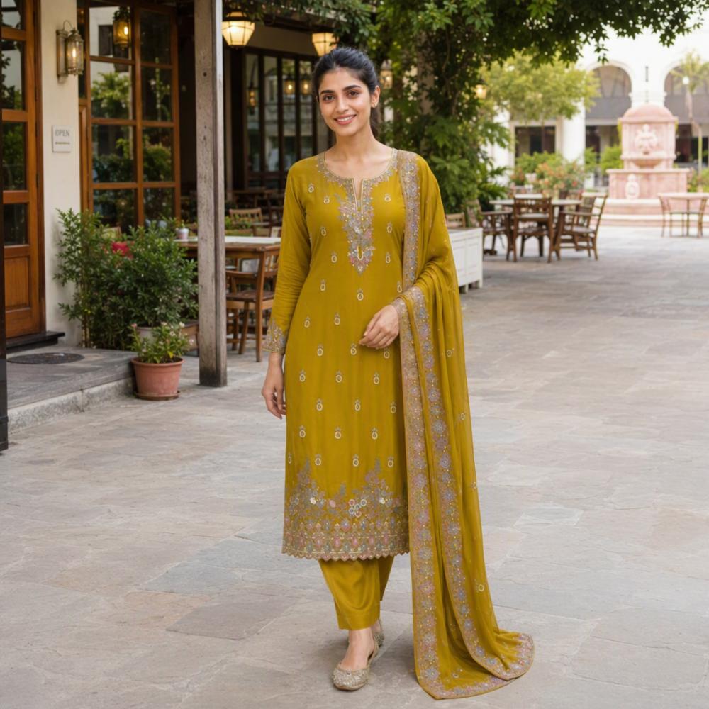 Premium Rangoli Crush Silk Embroidered Suit Set