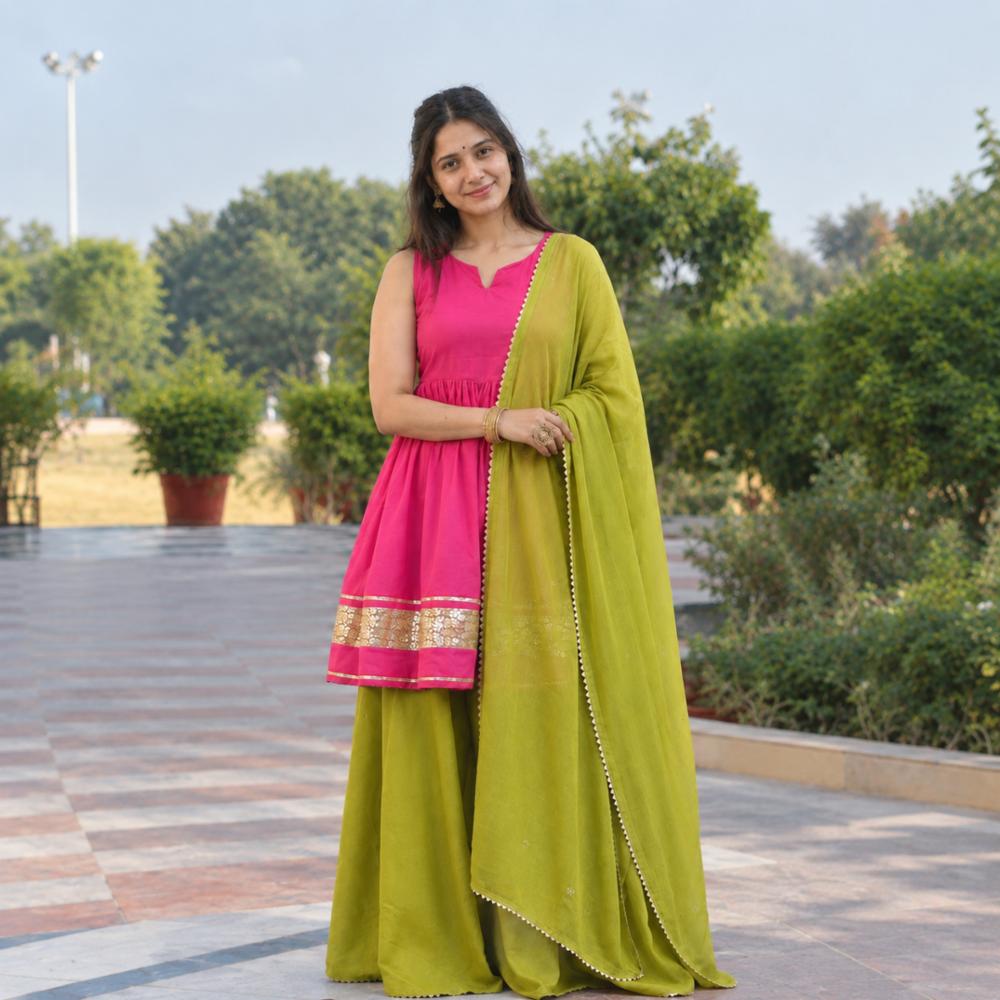 Rayon Peplum Kurti with Crape Skirt Palazzo and Chiffon Dupatta