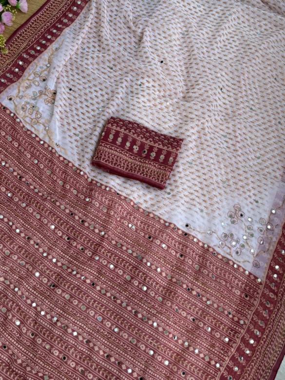 Womenâs Heavy Soft Fox Georgette Saree with Real Mirror & Katdana Work