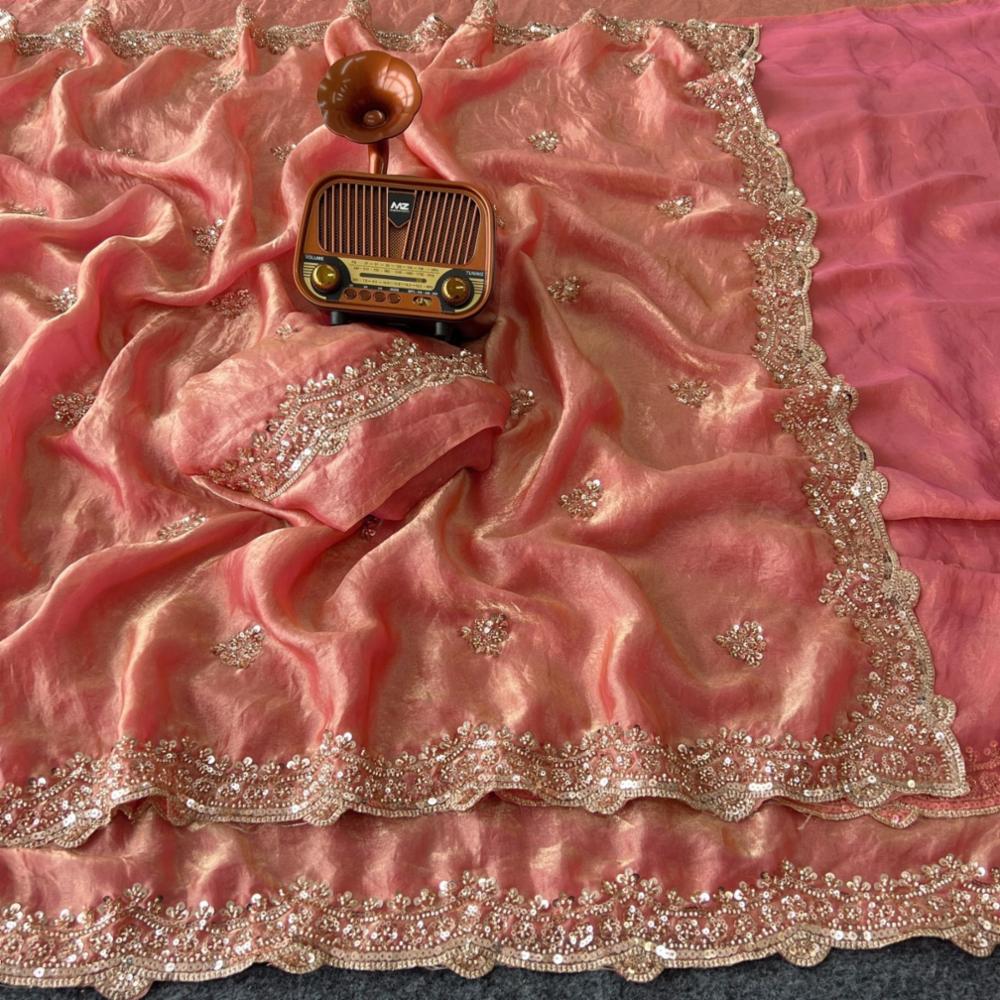 Pure Space Silk Saree with Original Gold Beads Work