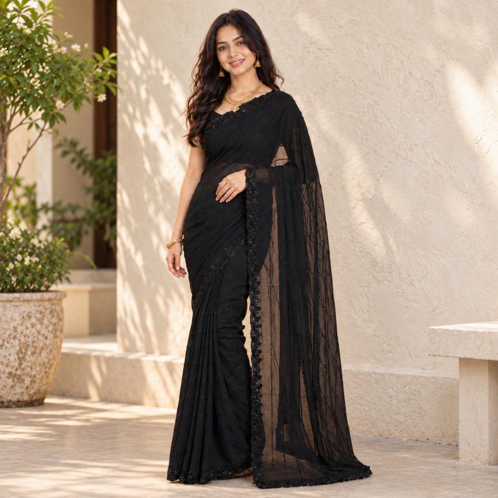 Party Wear Black Pure Fox Georgette Saree with Beads Work and Fancy Blouse