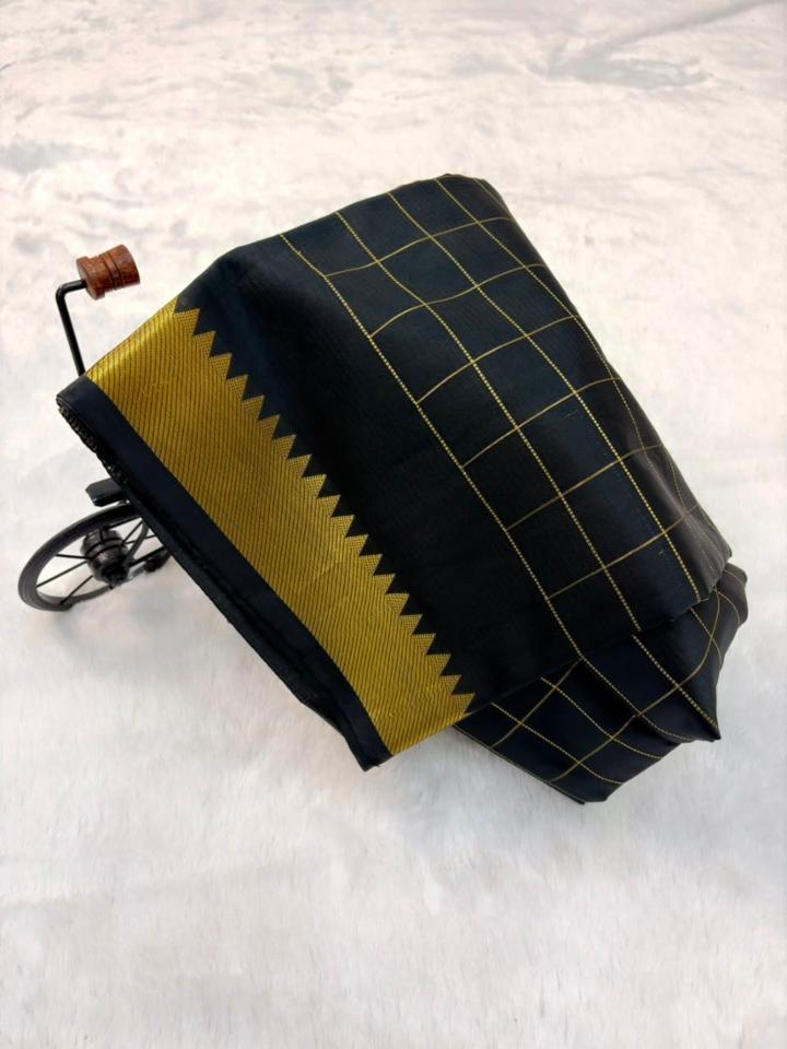 Black Cotton Saree with Golden Check Pattern and Zari Border