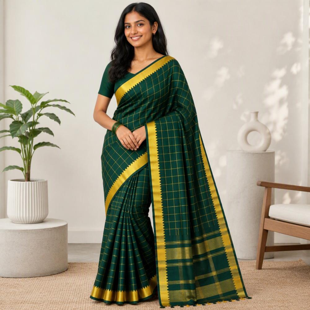 Bottle Green Saree with Golden Checks, Zari Border & Blouse Piece