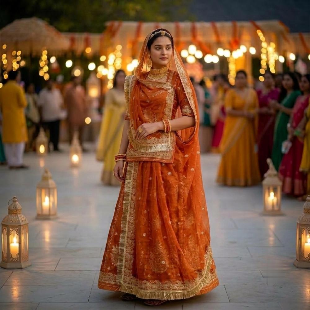 Rajasthani Rust-Orange Lehenga with Zardozi and Gota Patti Embroidery, Sheer Silk Layer, Blouse, and Dupatta
