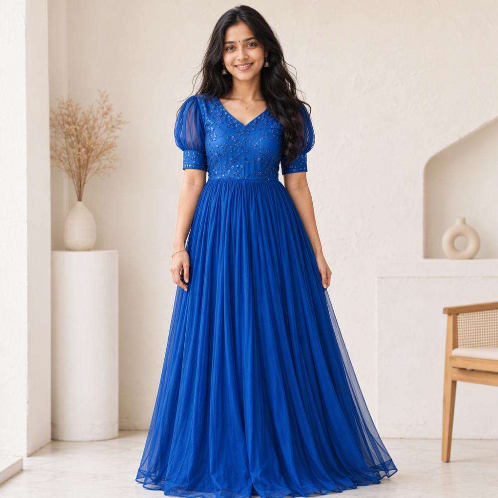 Womenâs Royal Blue Embroidered Anarkali Gown with Puff Sleeves