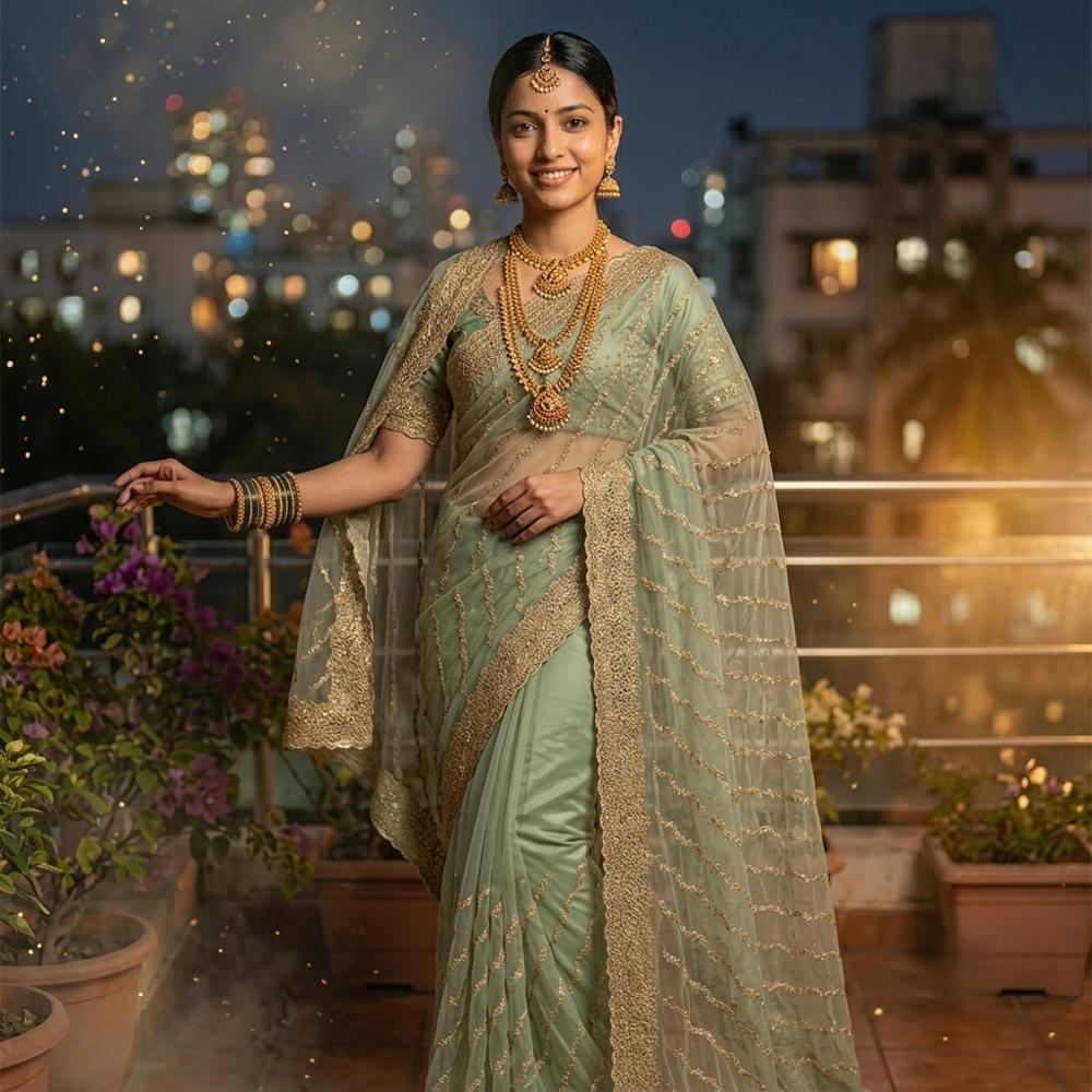 Sage Green Embroidered Net Saree with Blouse Piece