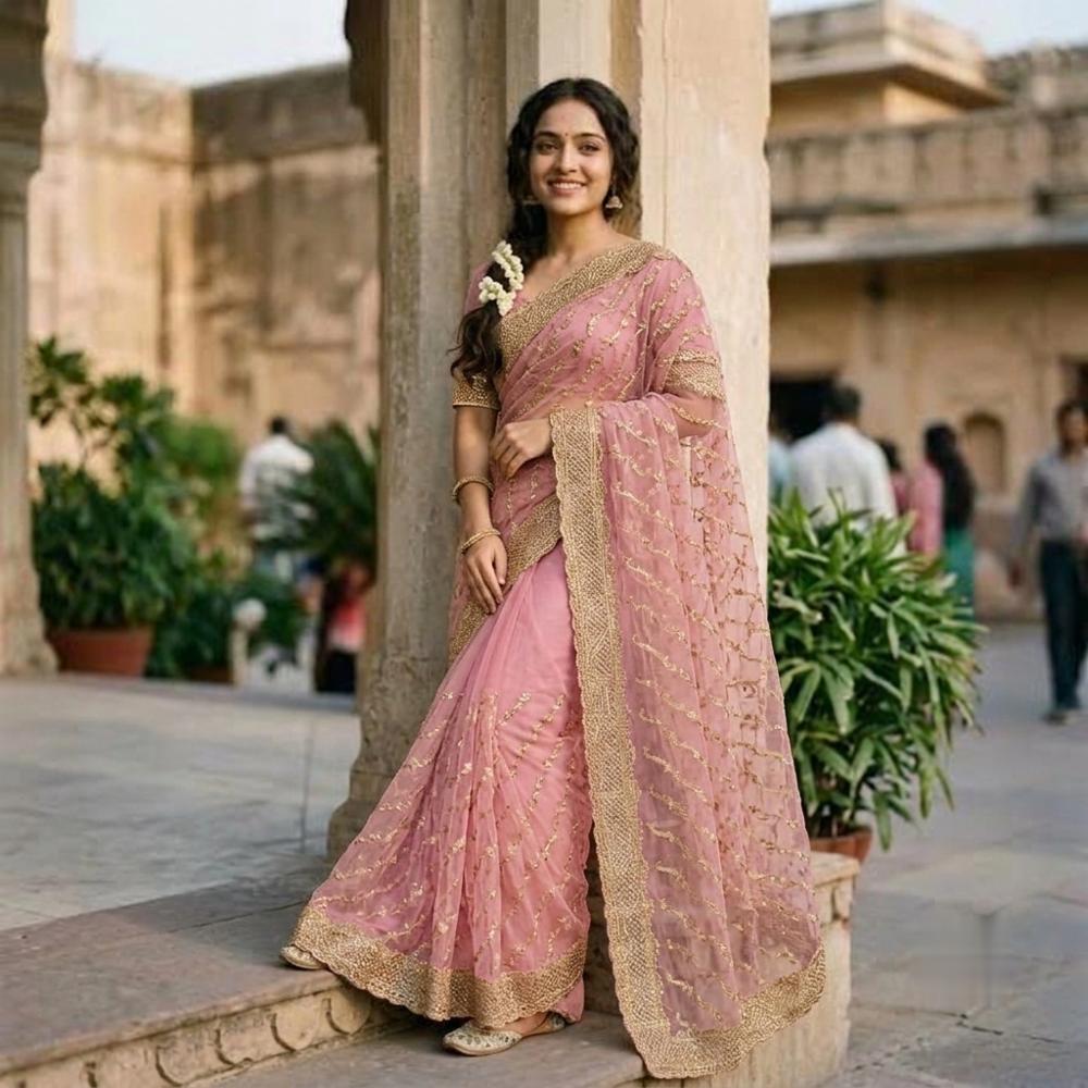 Pink Embroidered Net Saree with Blouse Piece