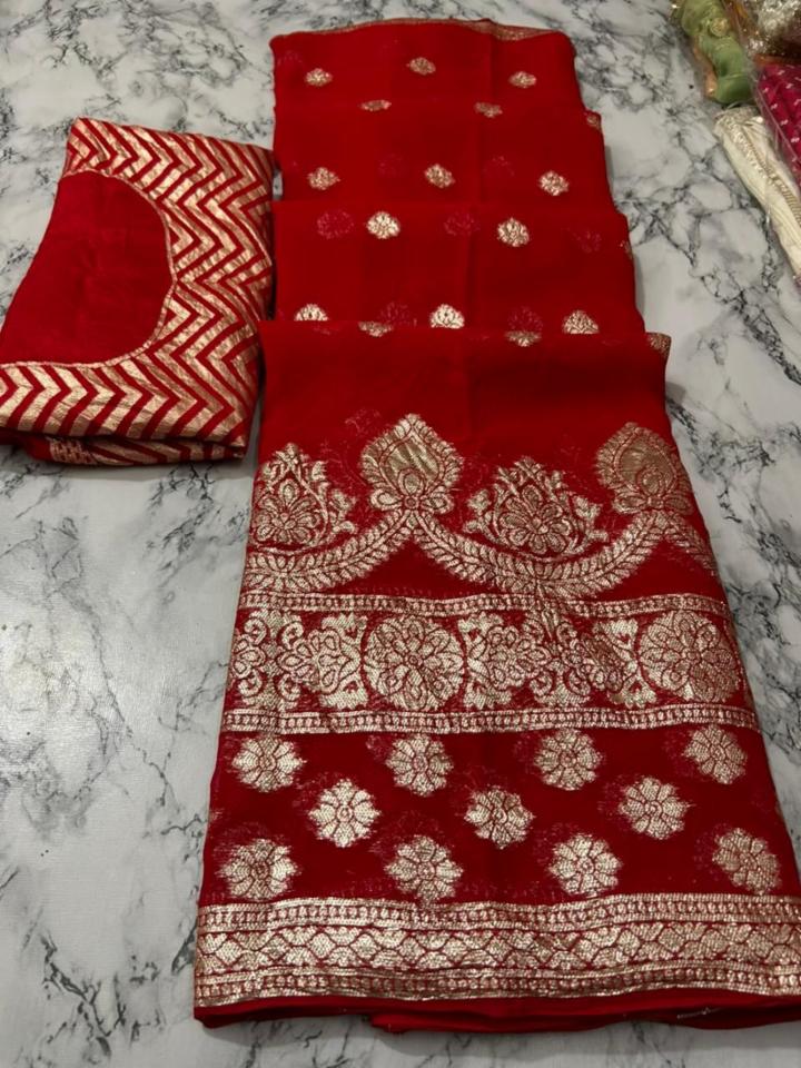 Pure Georgette Viscose Zari Saree with Heavy Blouse