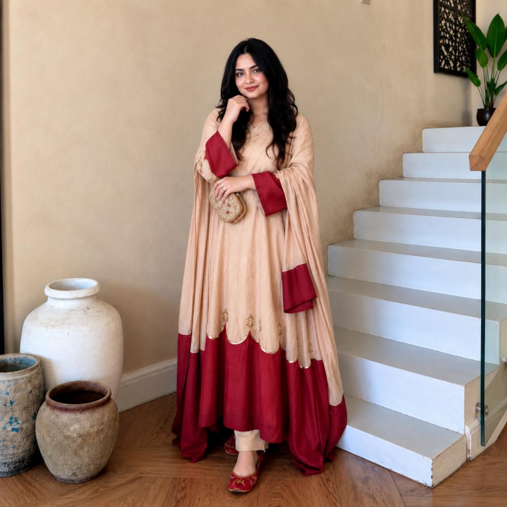 Pur Roman Silk Embroidered Kaftan Palazzo Dupatta Set