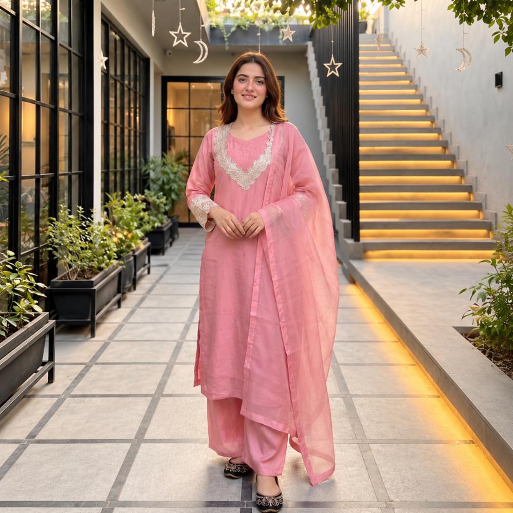 Heavy Fendy Silk Embroidered Suit with Palazzo and Dupatta