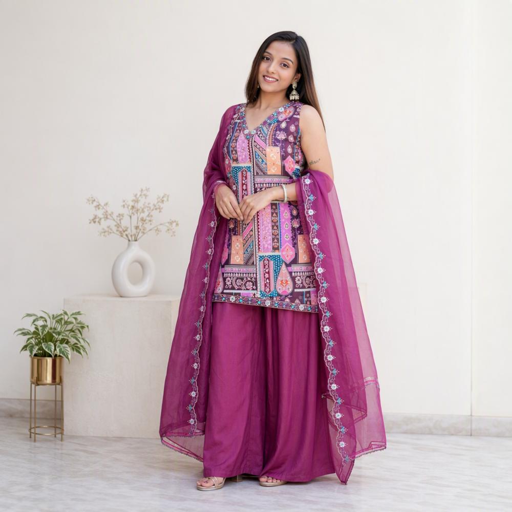 Modal Satin Embroidered Kurti Set with French Crepe Bottom & Organza Dupatta