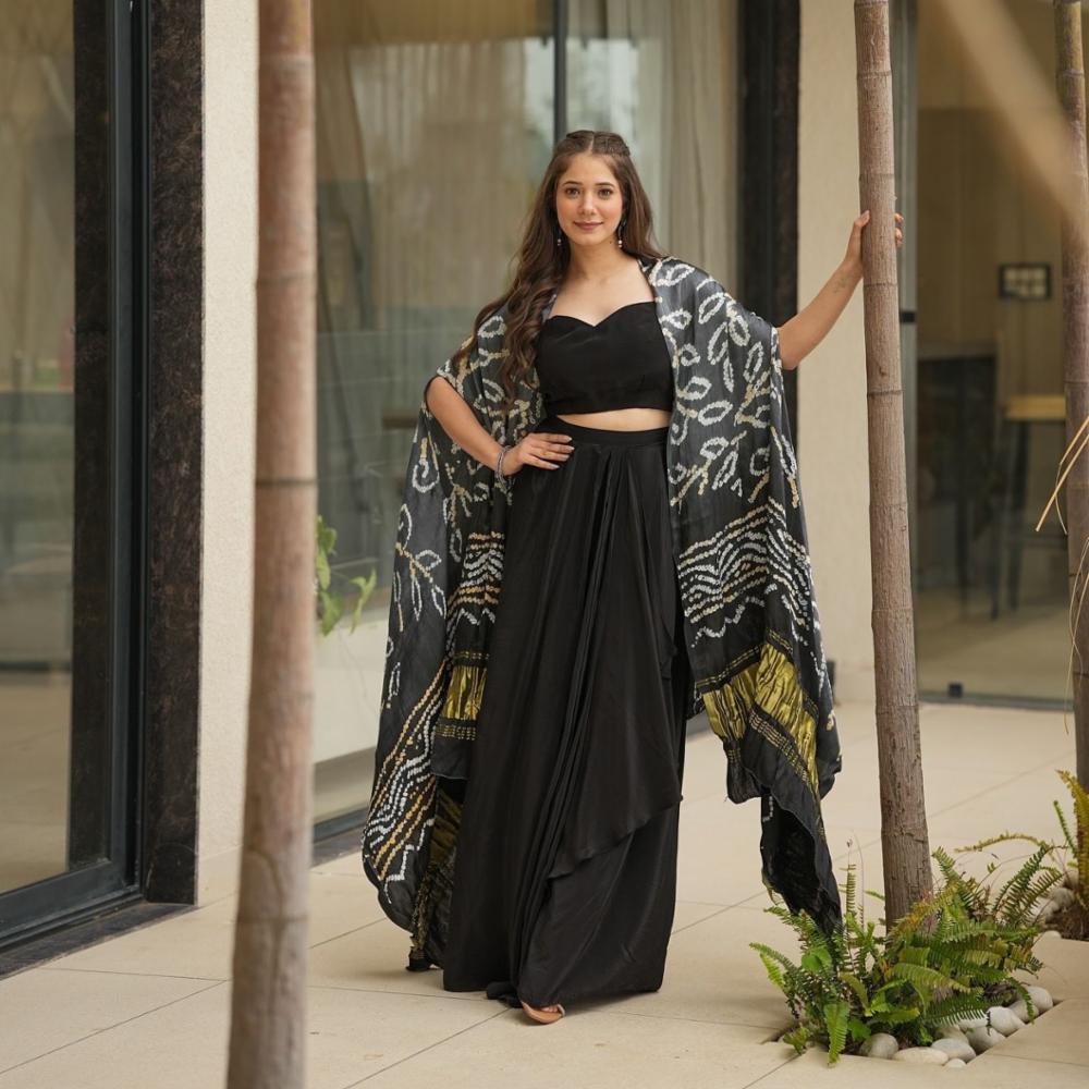 Georgette Blouse, Drape Skirt & Kota Chex Shrug Set