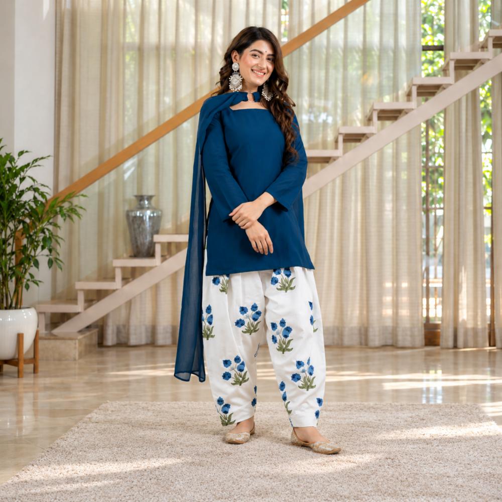 Roman Cotton Suit Set with Embroidery Work and Mal Chanderi Cotton Dupatta