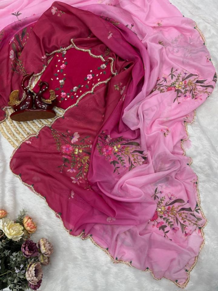 Soft Tabby Silk Saree with Floral Print and Handwork Blouse