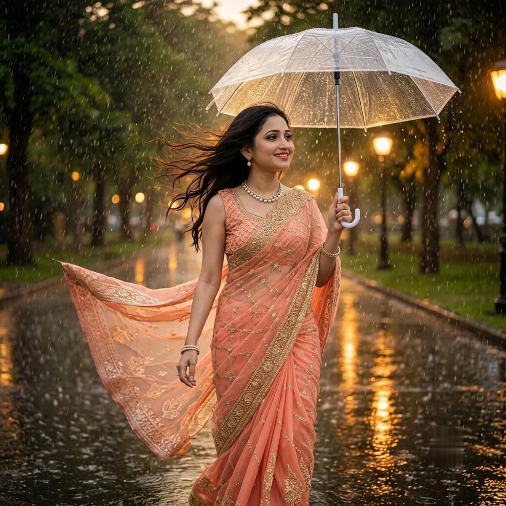 Peach Net Saree with Gold Zardosi Embroidery and Embellished Blouse