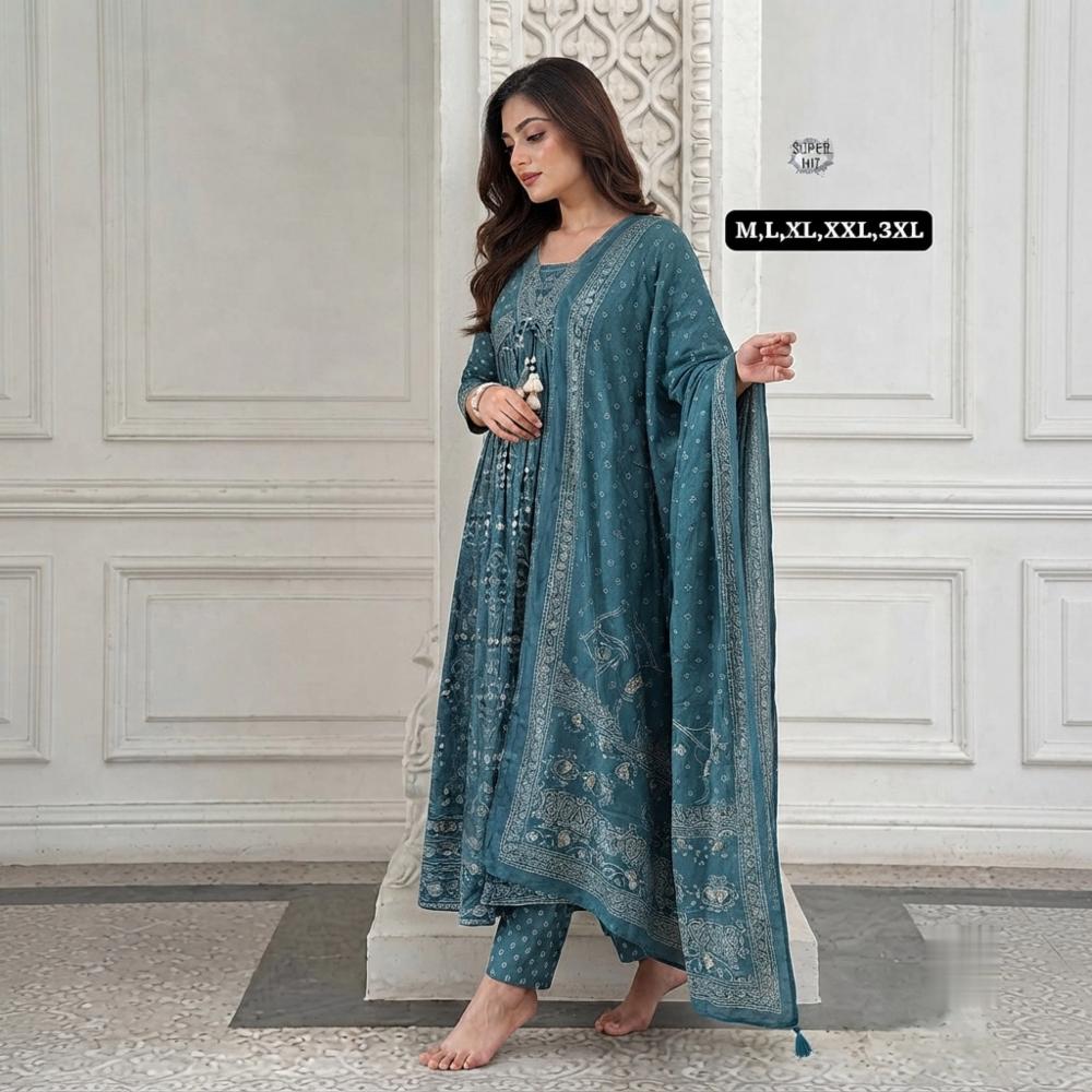 Cotton Anarkali Kurti Set with Embroidery and Dupatta