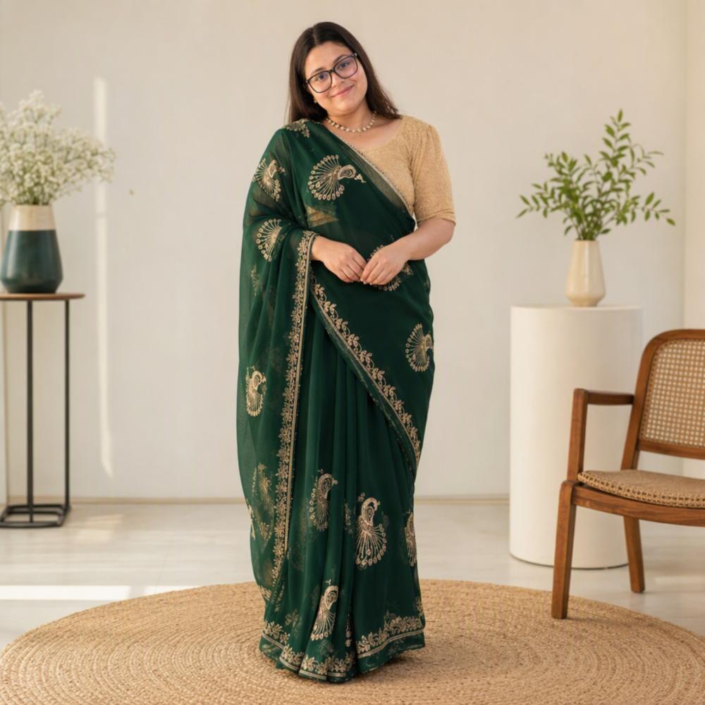 Premium Green Georgette Saree with Peacock Embroidery