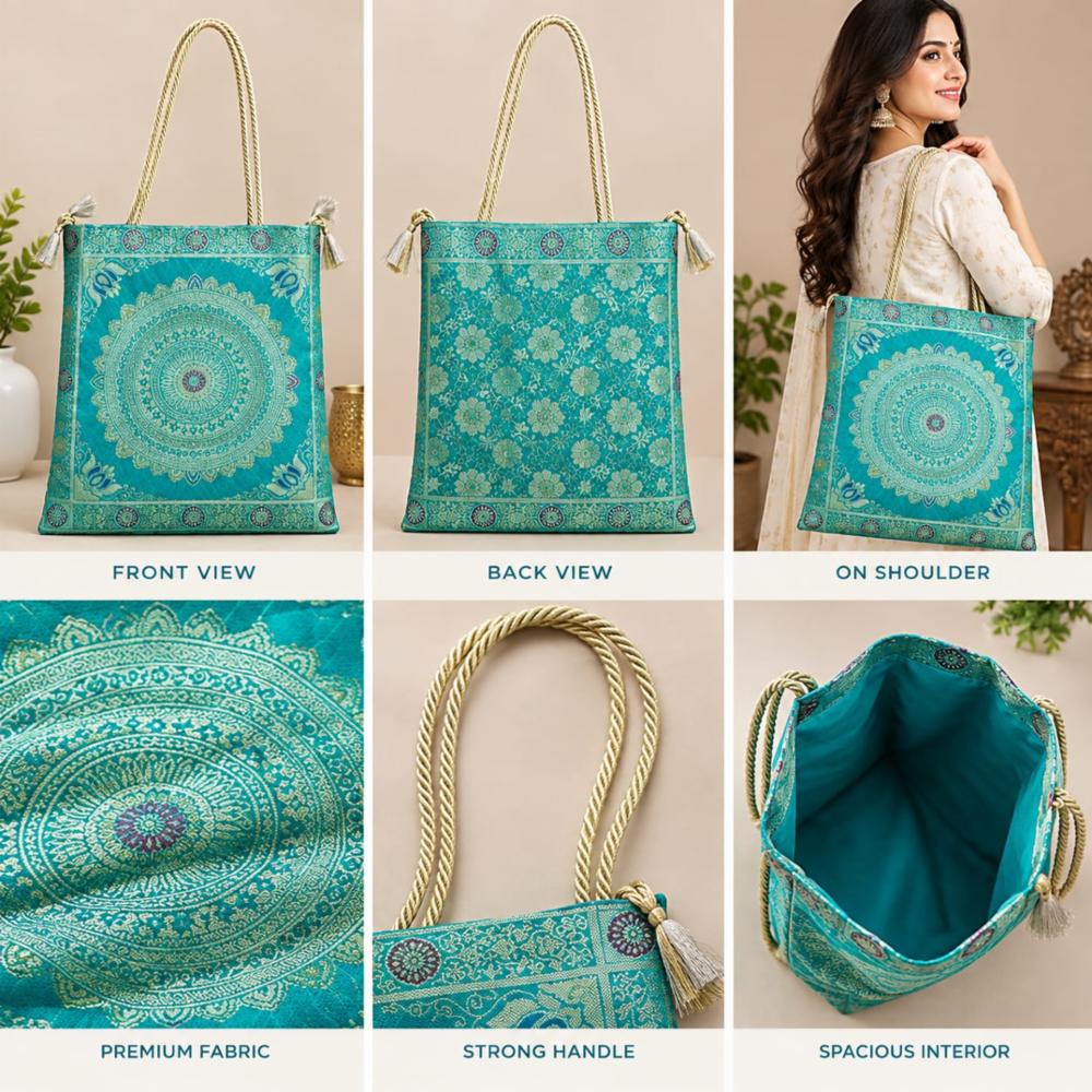 Banarasi Silk Handbag with Sturdy Handle and Zipper Pocket