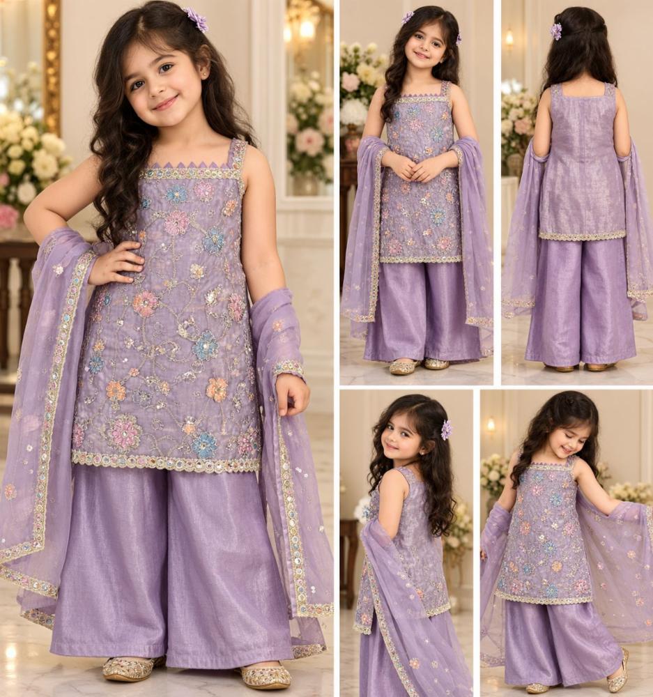 Girlsâ Shimmer Embroidered Kurta Palazzo Set with Dupatta