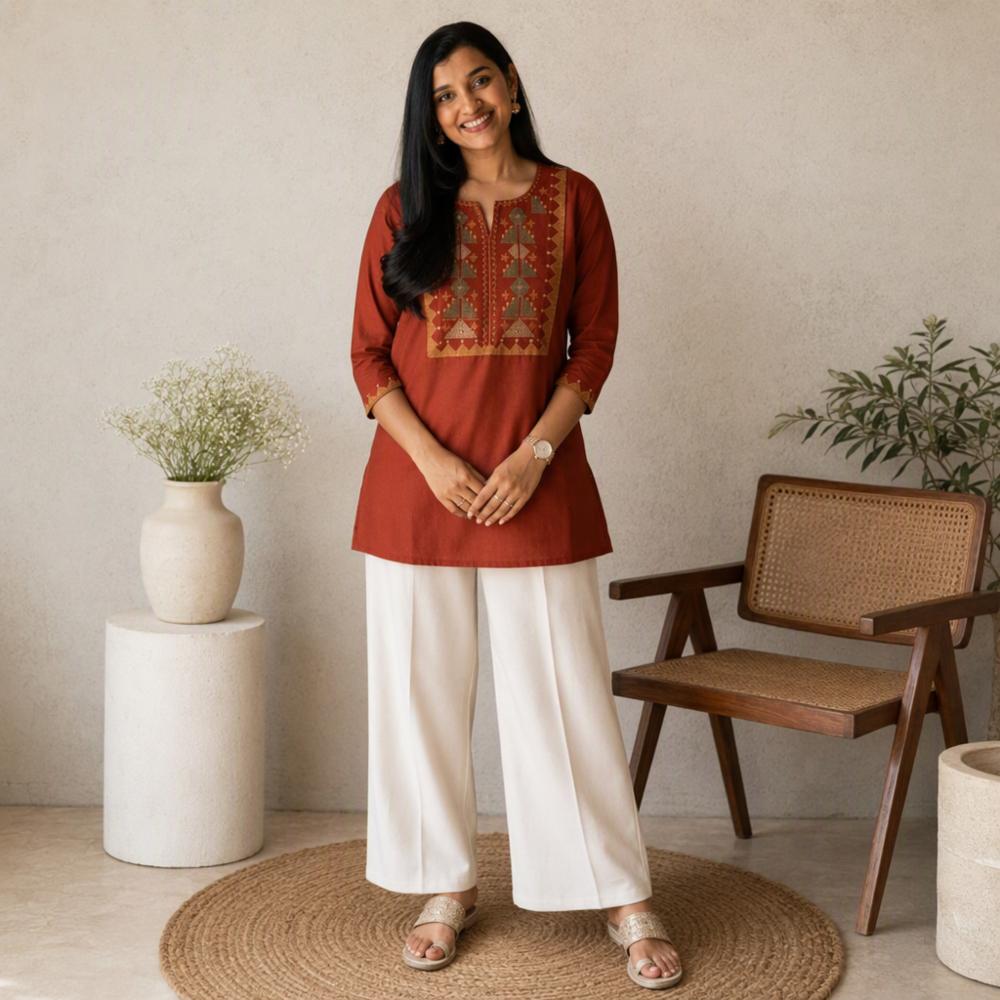 Pure Cotton Kurti Pant Set with Embroidery Work and Pockets