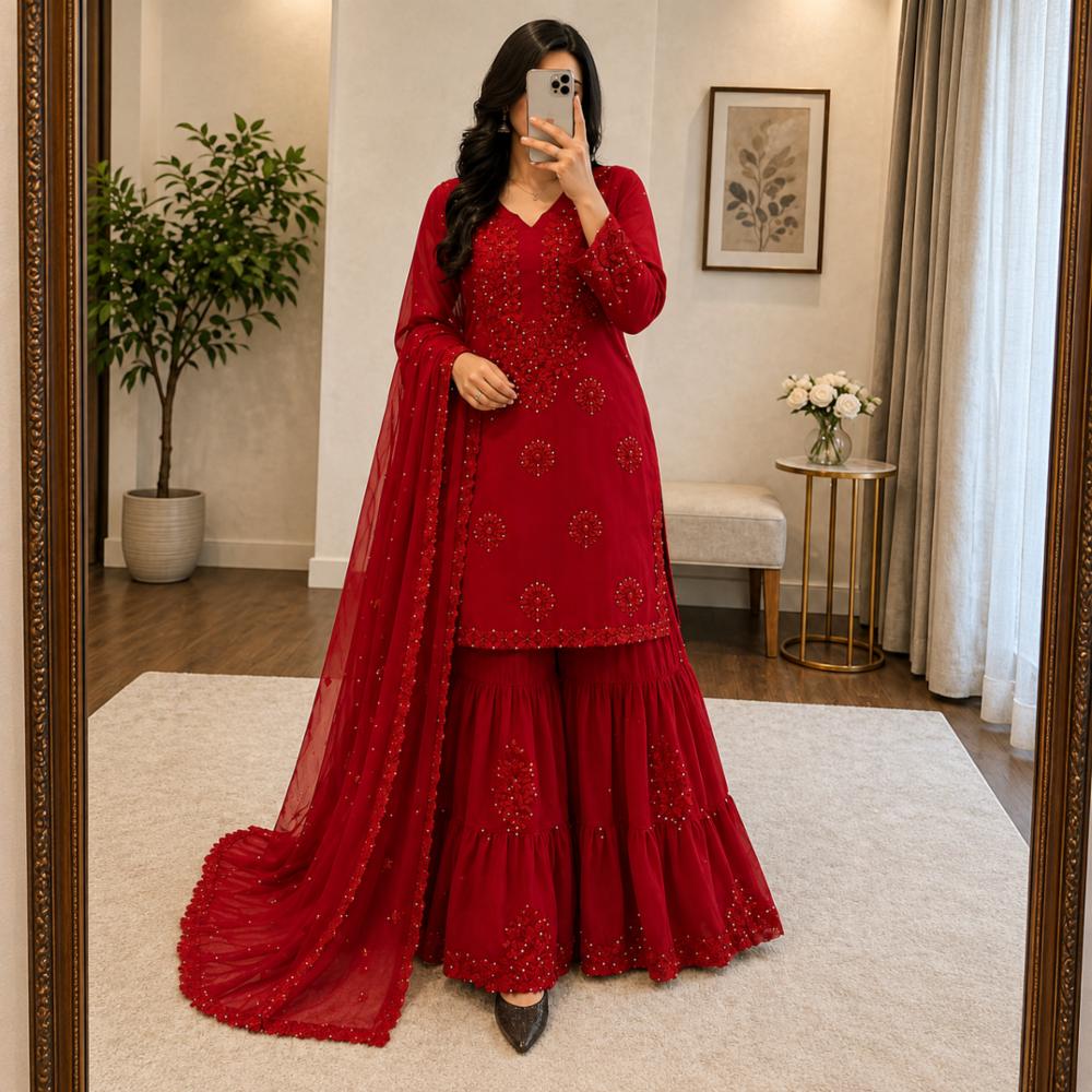 Designer Georgette Sequence Embroidered Sharara Suit Set with Dupatta