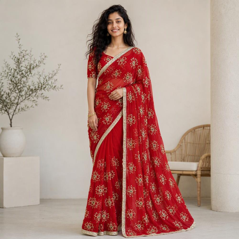 Royal Georgette Saree with Kaccha Gota Work and Golden Border