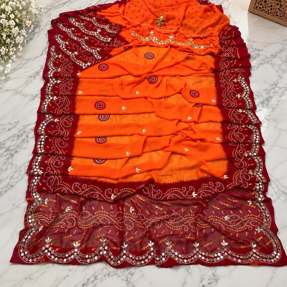Synthetic Georgette Saree with Handwork, Pila Chunri and Laddu Bhandhej
