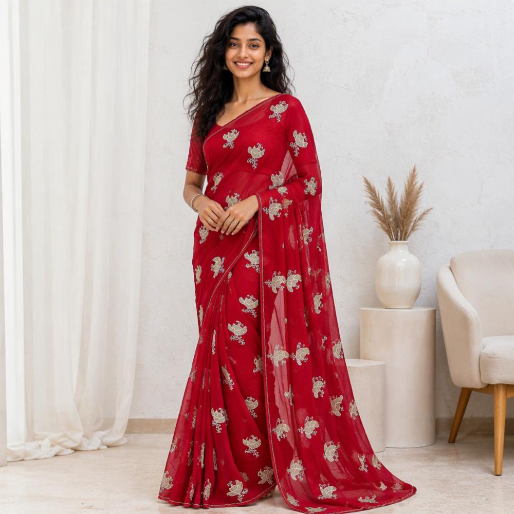 Half Pure Chiffon Saree with Buti Work and Blouse Piece