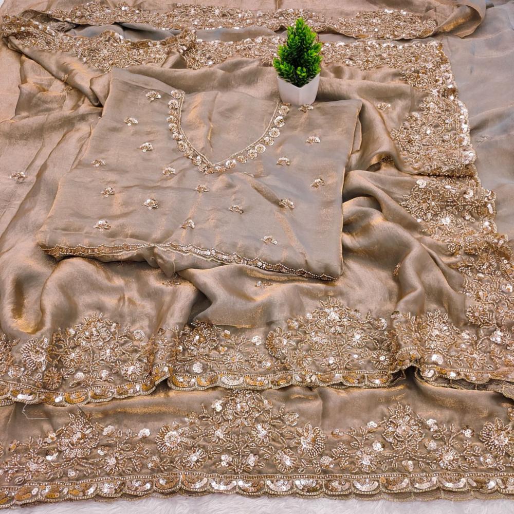 Pure Space Silk Saree with Original Gold Beads Work