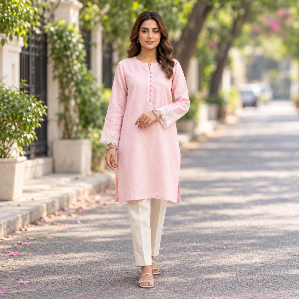 Baby Pink Cotton Kurti with Lace Sleeves