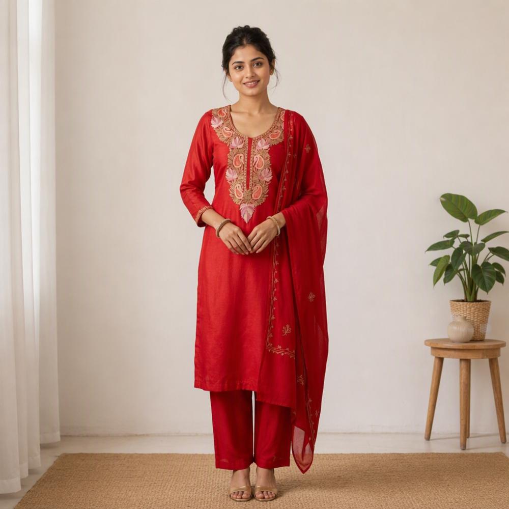 Aari Work Embroidery Unstitched Silk Suit Material with Bottom and Dupatta
