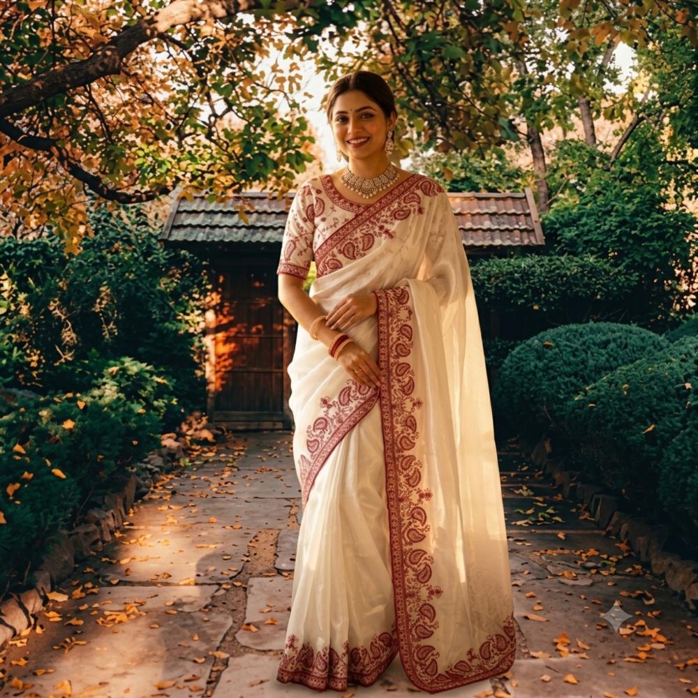 Soft Tebby Silk Saree with Sequins and Thread Embroidery, Includes Blouse