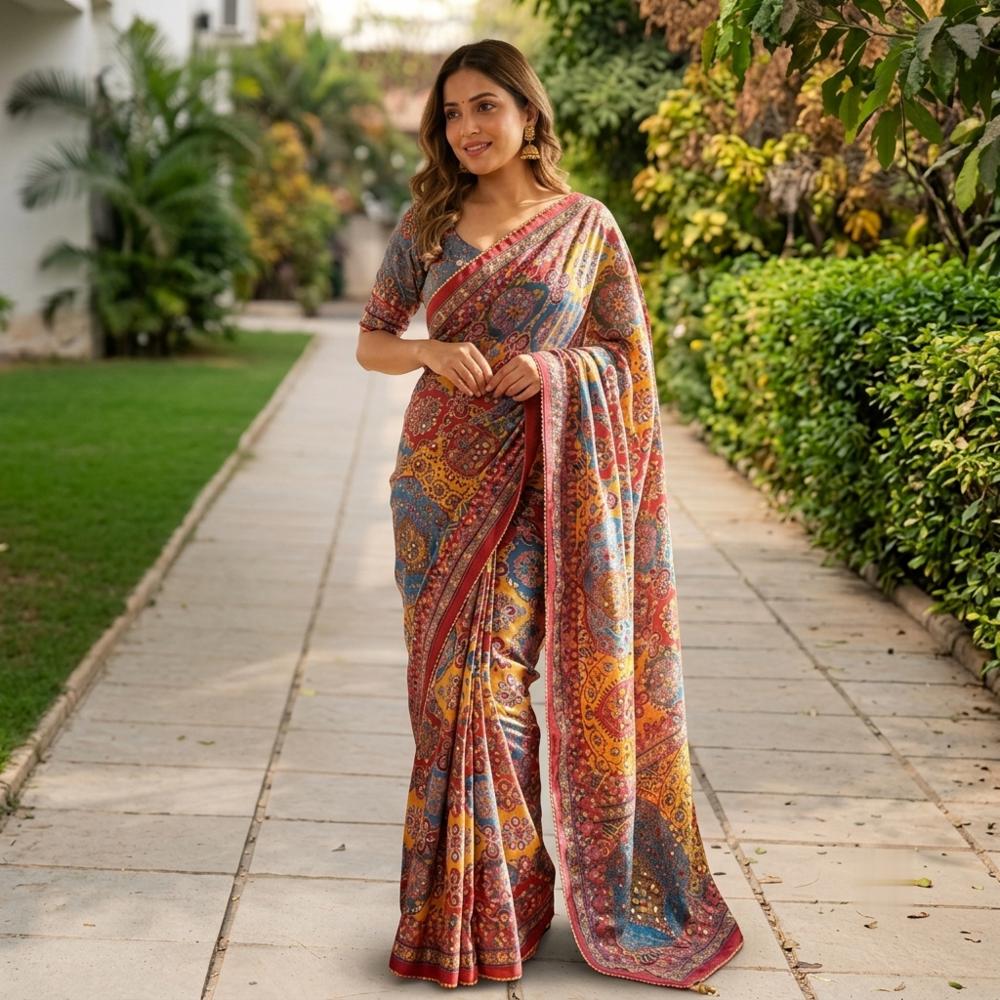 Soft Chinnon Printed Saree with Mirror and Sequin Work, Unstitched Blouse