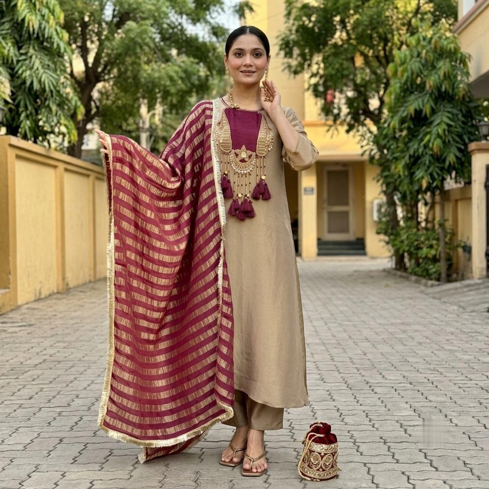 Soft Glass Malai Straight Kurti Pant Set With Kanjivaram Dupatta