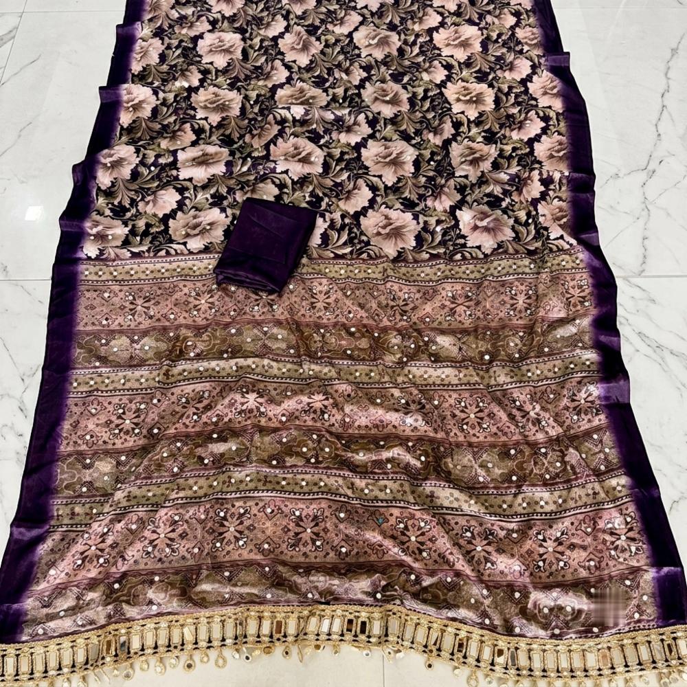 Pure Arjakh Satin Viscose Silk Saree with Designer Print and Mirror Work