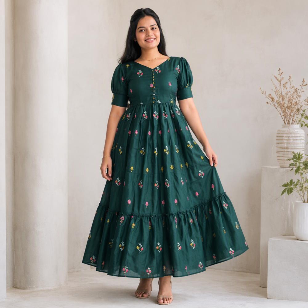 Soft Kota Checks Midi Gown with Floral Embroidery 