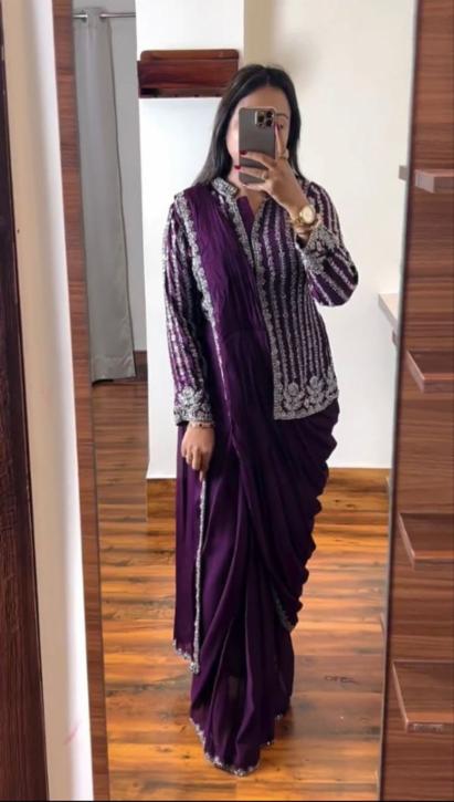 Blooming Rangoli Embroidery Ready to Wear Saree with Banglori Jacket