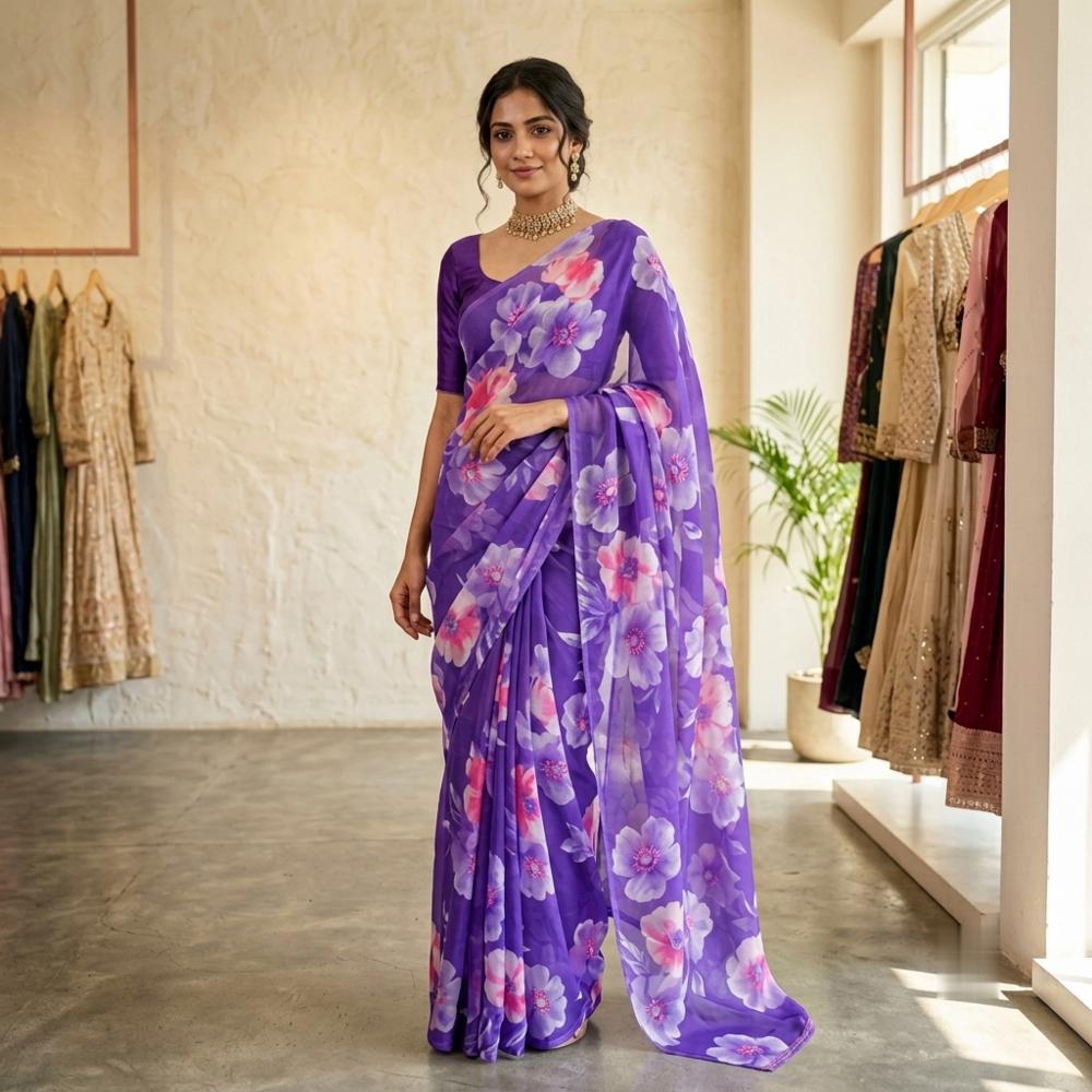 Royal Violet Chiffon Floral Printed Saree with Blouse