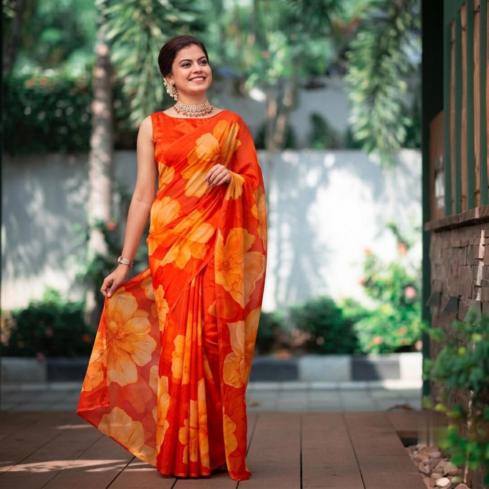 Sunset Orange Chiffon Saree with Lotus Print and Sleeveless Blouse