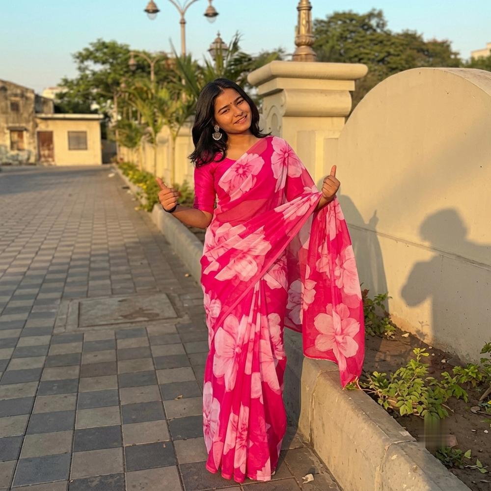 Fuchsia Pink Chiffon Saree with Floral Prints and Deep-Back Blouse