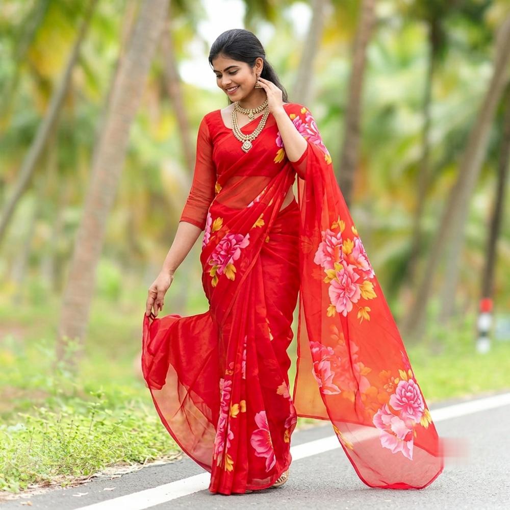 Marigold Yellow & Peony Red Floral Printed Saree with Blouse Piece